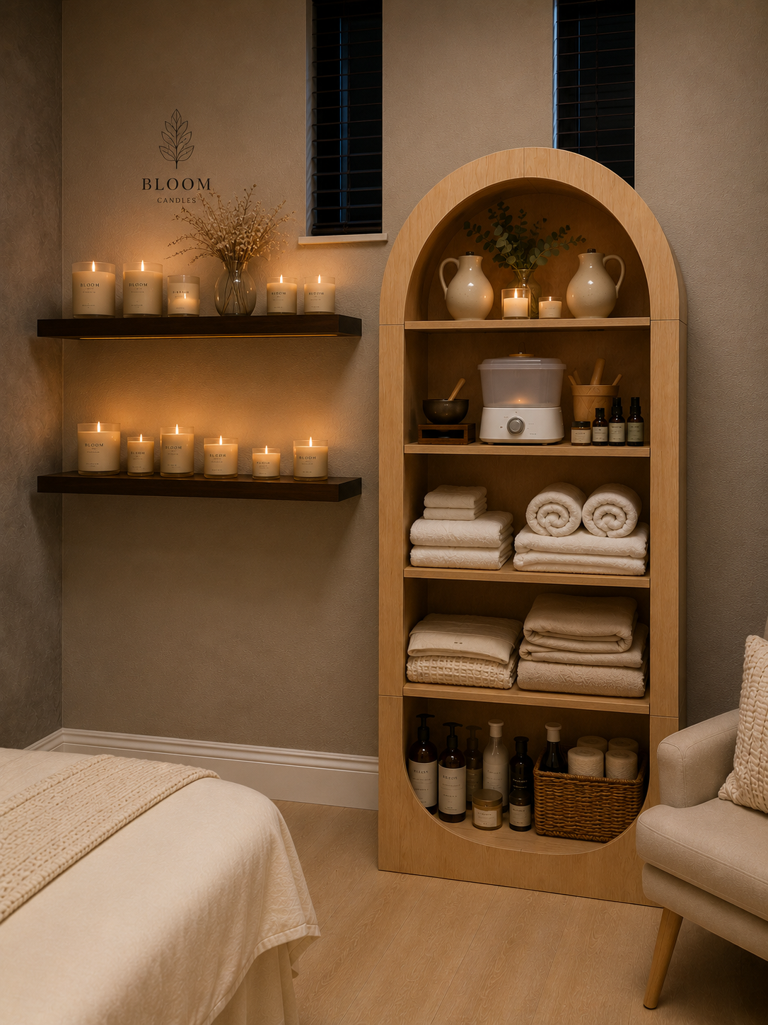 Bloom House botanical shelves and warm candlelight